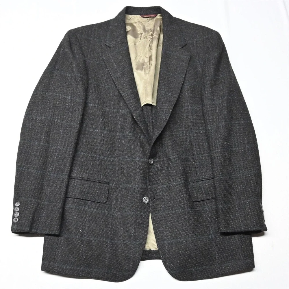 Vtg Bespoke 44L Brown Windowpane Tweed Wool Mens‎ Blazer Sport Coat Jacket